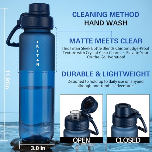 OLDLEY 32oz Navy Blue Matte Water Bottle with Handle, Leakproof Tritan Sport Bottle