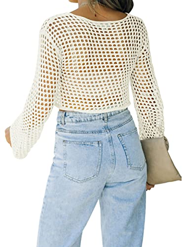 Women's Crochet Crop Top with Long Sleeves Mesh Fishnet Summer Cover Up - Small White