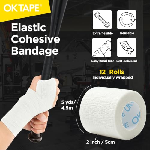 Self Adhesive Bandage Wrap 2 Inch White - Cohesive Elastic Athletic Tape - 12 Rolls