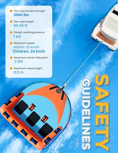 Inflatable Towable Tube for Boating 1-3 Persons - Upgrade Orange Blue