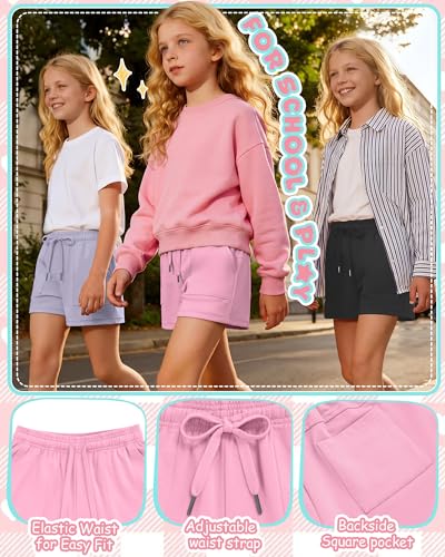 Girls Athletic Sweat Shorts 3 Pack - Stretchy Waistband & Comfortable Fit