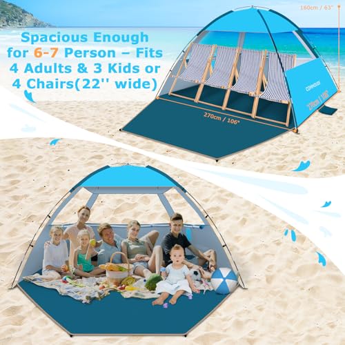 COMMOUDS Blue 6-Person Beach Tent Sun Shelter UPF 50+ UV Protection Lightweight