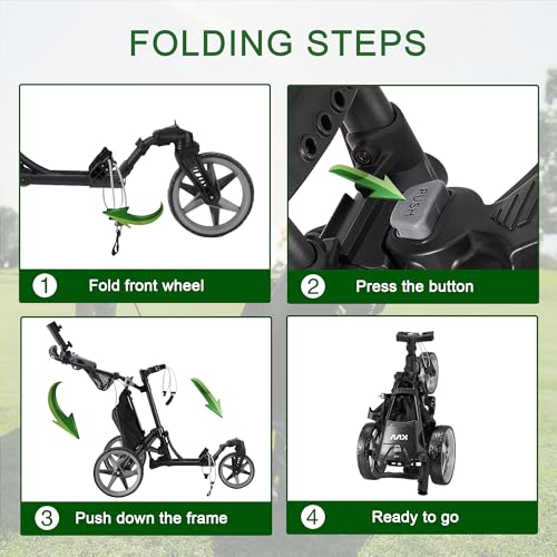 KVV 3-Wheel Golf Push Cart with 360° Swivel Front Wheel, Quick Fold & Umbrella Holder - Black/Charcoal