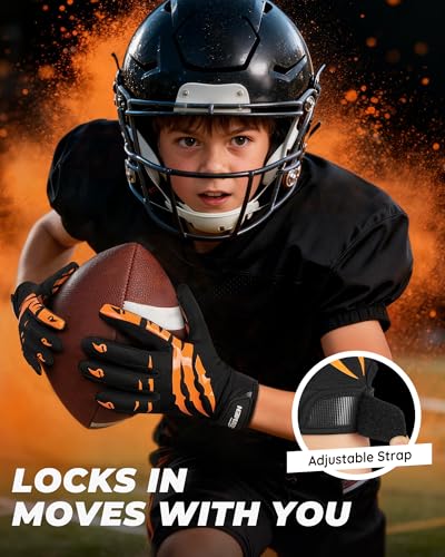 Youth Football Gloves Non-Slip Grip Black-Orange Small AXEVMEN