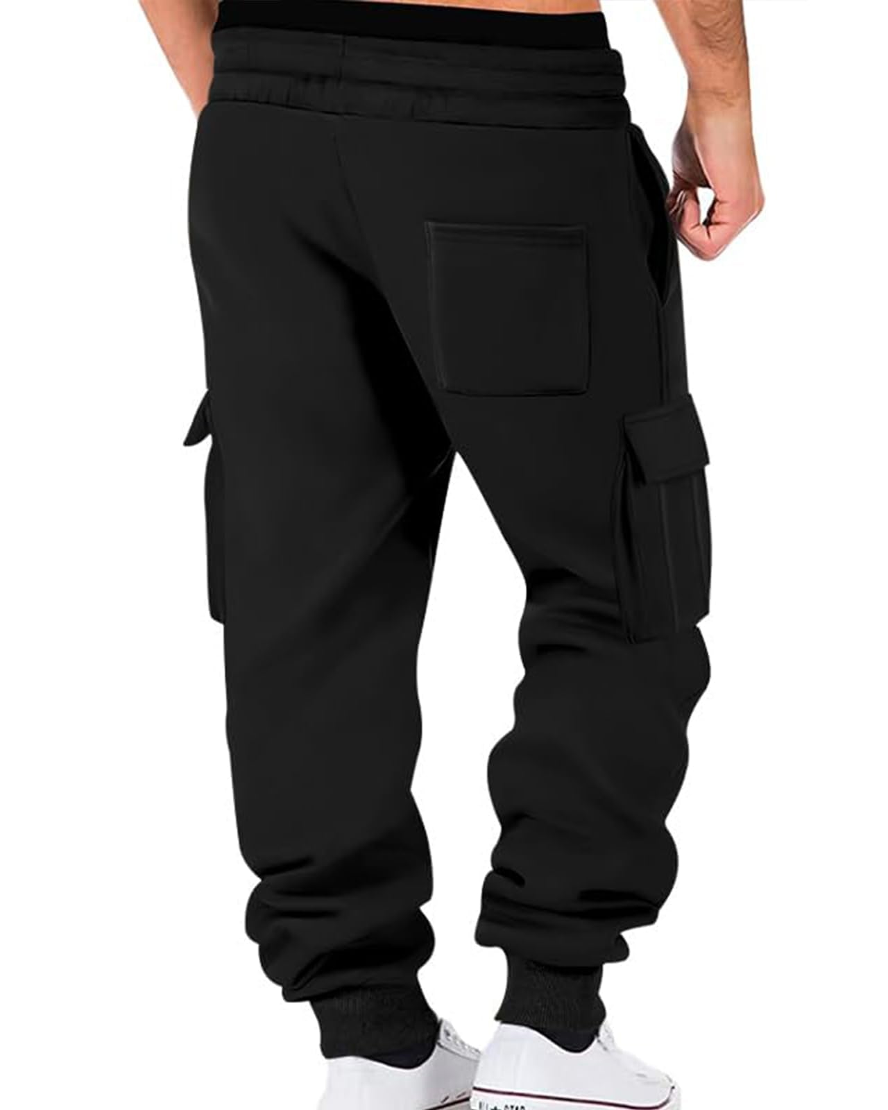 Wangdo Mens Cargo Sweatpants Heavyweight Elastic Waist Fleece Lined Joggers for Men with Pockets Baggy Drawstring Track Pants Black