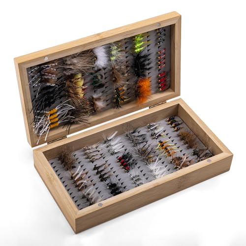 Goture 144PCS Fly Fishing Flies Assortment Kit with Wooden Fly Box D1