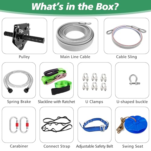 X XBEN 200FT Zip Line Kit for Kids & Adults, Supports Up to 500Lbs Outdoor