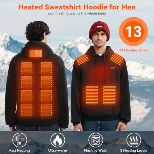 Men's Large Black Heated Hoodie with Battery & 13 Heating Zones - Lightweight Electric Sweatshirt