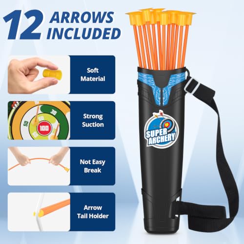 Kids LED Bow and Arrow Set with Targets - Blue & Black Indoor Outdoor Sport Gift