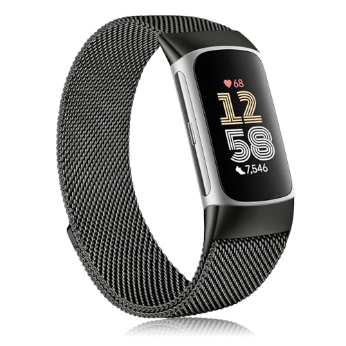 Black Metal Fitbit Charge 6 Band with Mesh Loop Magnetic Clasp - Women Men