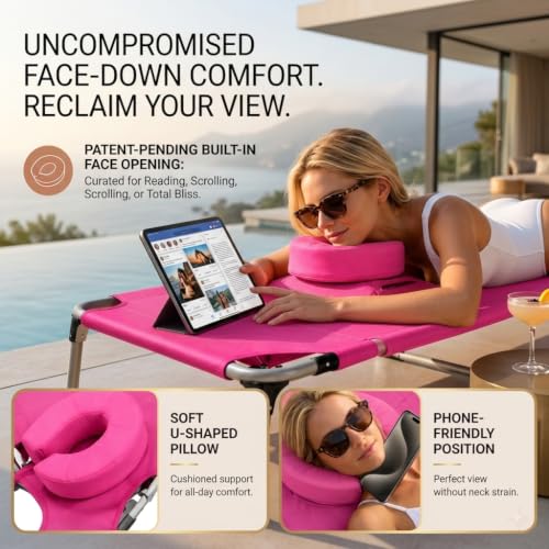 Pink Folding Camping Lounge Chair with Canopy & Fan - Portable Reclining Outdoor Cot with Pillow & Side Pocket