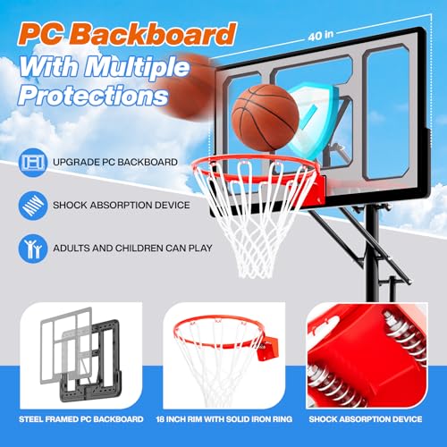40-Inch Adjustable Basketball Hoop with Impact Backboard, Portable & Height-Adjustable