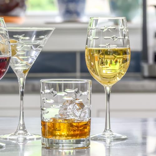 13oz Double Old Fashioned Whiskey Glass Set of 4 - Fish Design, Lead-Free, Engraved, Made in USA