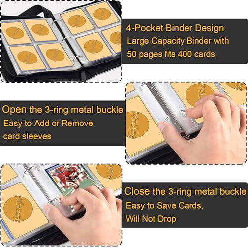 4 Pocket Card Binder for Trading Cards with 50 Removable Sleeves - Fits 400 Cards, Portable Zipper Album for Boys & Girls (4 Pocket)