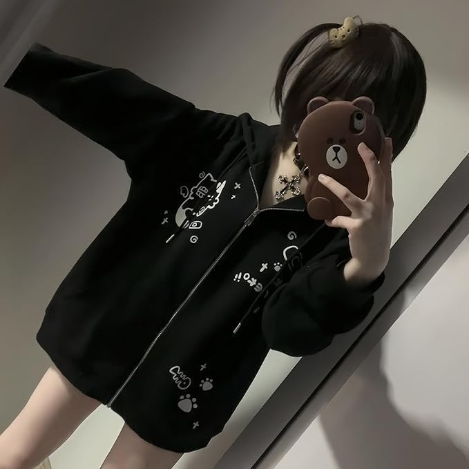 Y2K Zip-Up Cat Ear Oversized Hoodie - Medium Black, Trendy Animal Hoodie