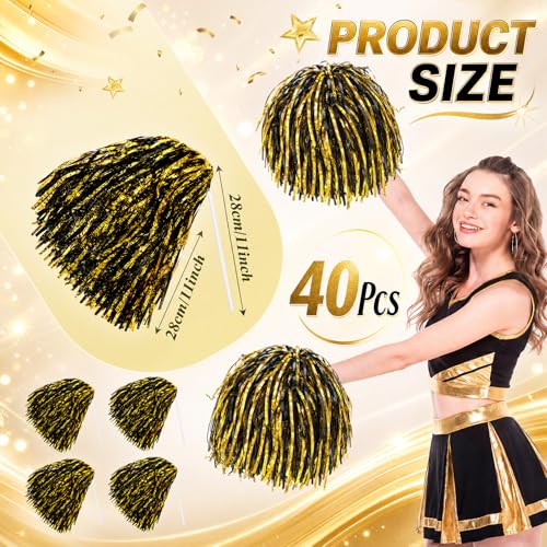 Vinsot Cheerleading Pom Poms Bulk Black Gold Mix 40 Pcs Metallic Foil School Spirit
