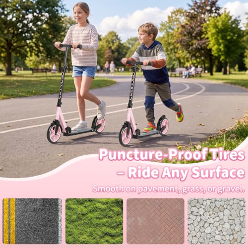 Pink Kids & Teen Foldable Kick Scooter - Lightweight 9.5 lbs, 8-Inch PU Wheels, Adjustable Height, Supports 240 lbs
