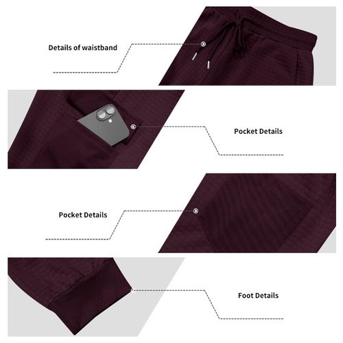 TAFLE Mens Sweatpants Waffle Knit Pants Elastic Waist Drawstring Jogger Sweatpants with Pockets Wine Red