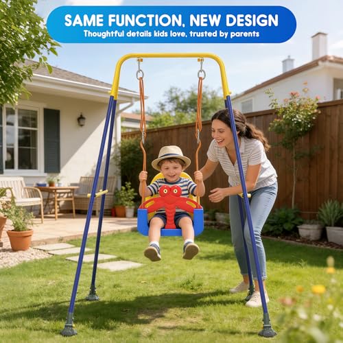 HAPPYMATY 3-in-1 Toddler Swing Set Blue Yellow - Indoor/Outdoor Baby Swing with Safety Belt & Sturdy Metal Stand