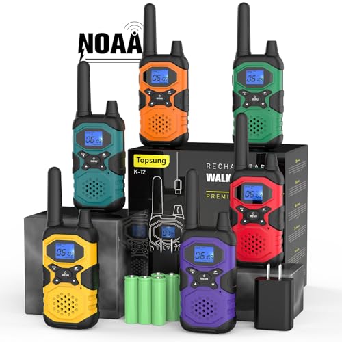 Long Range Rechargeable Walkie Talkies for Adults - 6 Pack with NOAA - Blue, Green, Orange, Red, Purple, Gold