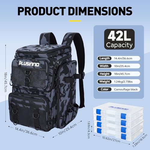Water-Resistant Fishing Tackle Backpack with Rod Holders & 4 Tackle Boxes - 42L, Black Camo