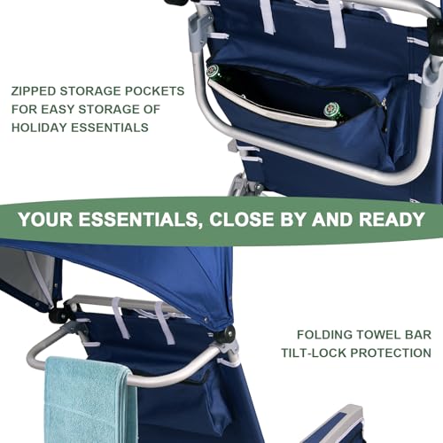 Romswi Navy Blue Extra Wide Beach Chair with Canopy & Cooler Bag - 2 Pack