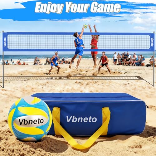 Vbneto Blue Volleyball Net for Backyard No Sagging Heavy Duty Outdoor Portable Set with Poles, Adjustable Height, Includes Volleyball & Carry Bag