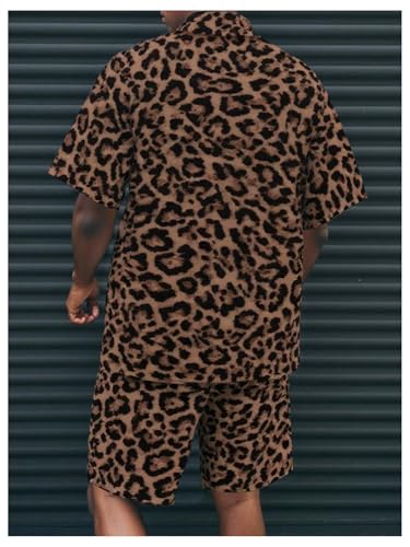 Men's Leopard Print Outfits Set - Button Down Shirt & Drawstring Shorts, Large Multicolor