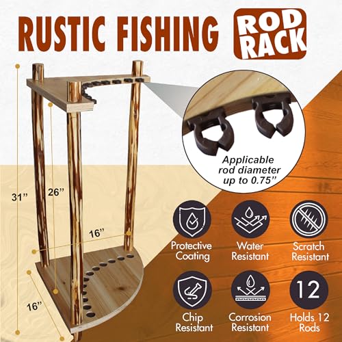Rush Creek Creations 12-Slot Corner Fishing Rod Rack, Rustic Pine Storage Organizer