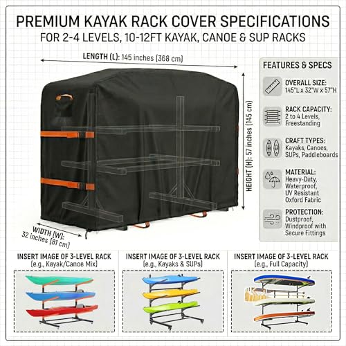 Heavy-Duty Waterproof Kayak Cover for 2-4 Kayaks & Paddleboards 10-12ft
