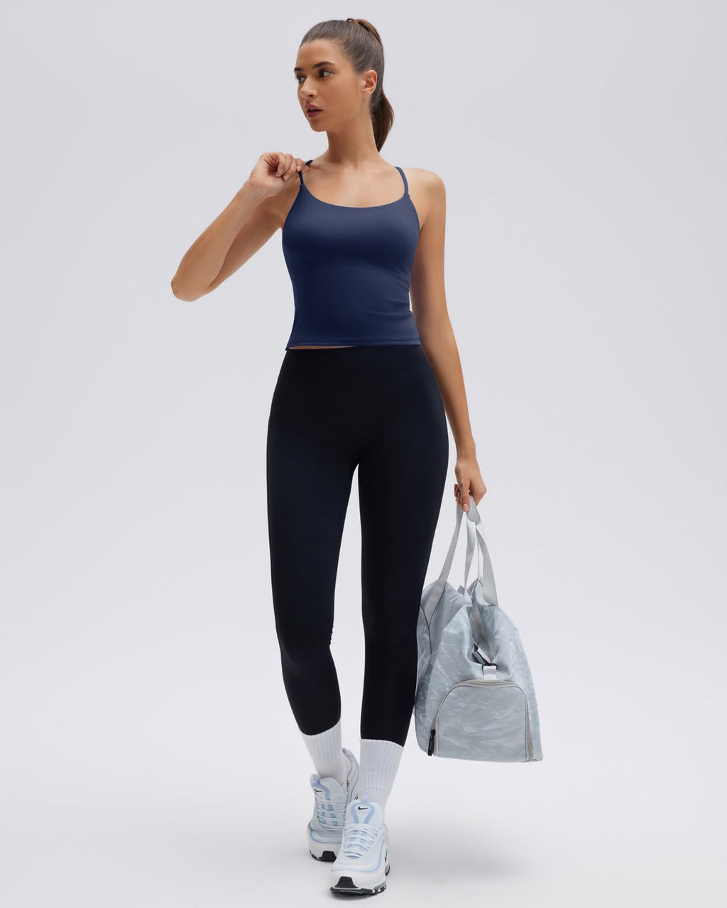 SUUKSESS Longline Padded Sports Bras Open Back Workout Spaghetti Strap Camisole Tops (Navy Blue, M)