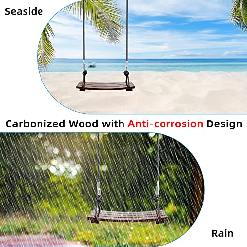 Brown Wood Swing Seat for Adults & Kids - 16.9 x 7.9 in Carbonized Waterproof Outdoor Swing