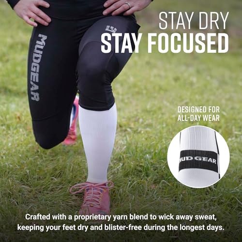 Large White MudGear Graduated Compression Socks - Sweat-Resistant, Cushioned Footbed, USA Made