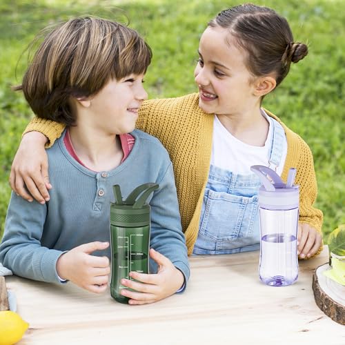 Kids Water Bottle 14oz BPA-Free Tritan with Straw Lid & Handle - Army Green