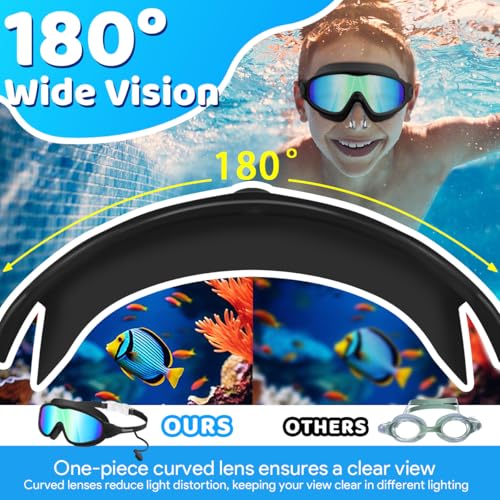 Kids Swim Goggles with Earplugs & Nose Clip - Wide View, Black 01