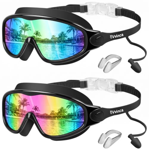 Kids Swim Goggles with Earplugs & Nose Clip - Wide View, Black 01