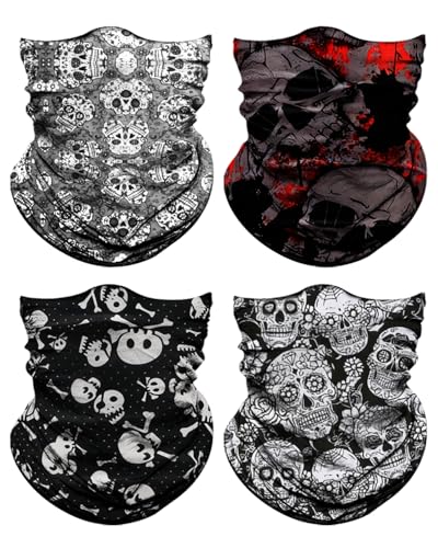 Neck Gaiter Face Cover Mask with Skull Design - One Size, Pack of 4