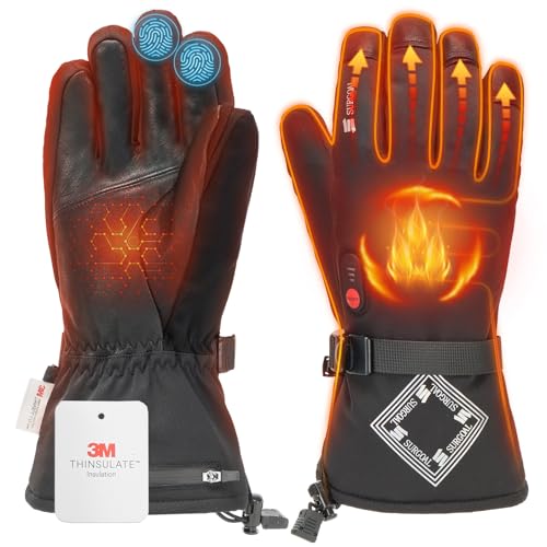 SURGOAL Leather Heated Gloves for Men, 158°F Heating & 8H Battery Life, 7.4V Rechargeable Heated Gloves for Women, Waterproof & Touchscreen Ideal for Winter, Hunting, Motorcycle (PU-Black, L)