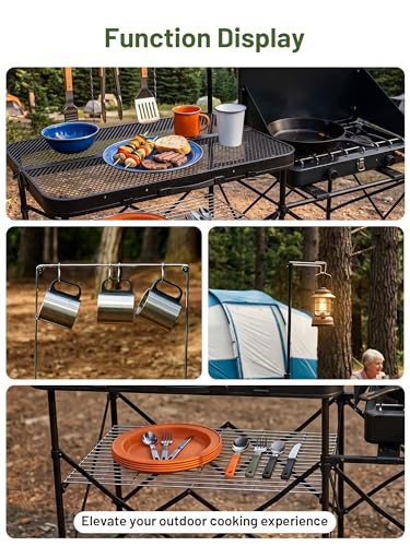 Portable Camp Kitchen Station with Steel Mesh Top & Foldable Design