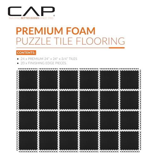 CAP Diamond Black Interlocking Foam Gym Floor Tiles - 24 Pack, 3/4" Thick EVA Mats