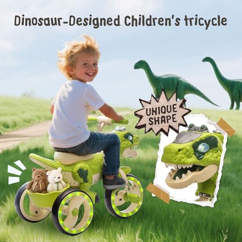 Kids Dinosaur Tricycle for 3-6 Year Olds with LED Flash Wheels & Storage Basket - Green