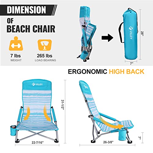 Villey Blue Stripes High Back Folding Beach Chair for Adults, Lightweight & Durable