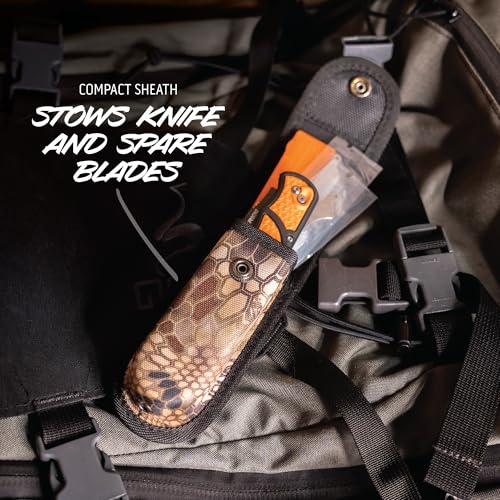 Outdoor Edge RazorBone Replaceable Blade Folding Hunting Knife - Blaze Orange, Camo Sheath, 6 Blades