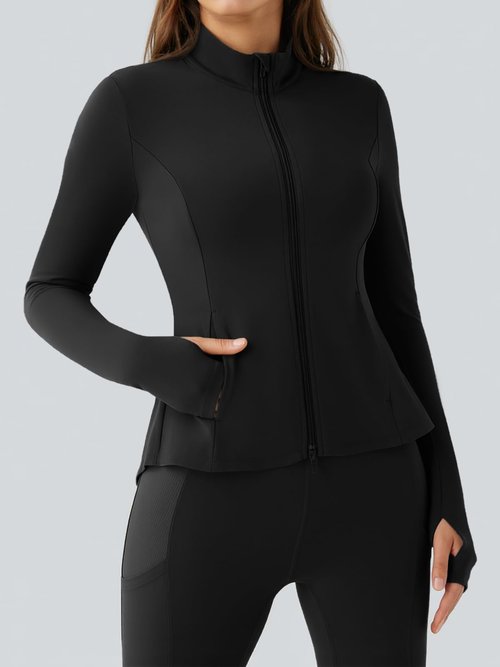 Fisoew Women's Zip Up Workout Jacket Pleated Lightweight Slim Fit Stand Collar Thumb Hole Tops with Pockets