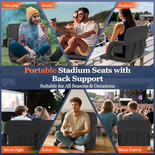 Seeutek Black Heated Stadium Seat with Back Support, 21-Inch, 2-Pack, Portable & Foldable