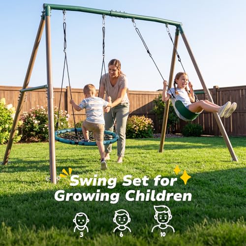 Hapfan 7.5ft Heavy Duty Metal Swing Set for Backyard - Green & Brown