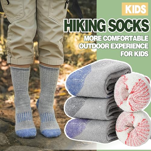 Kids Merino Wool Hiking Socks for Girls and Boys - 8-12 Years, 4 Pairs - Purple, Blue, Red, Grey