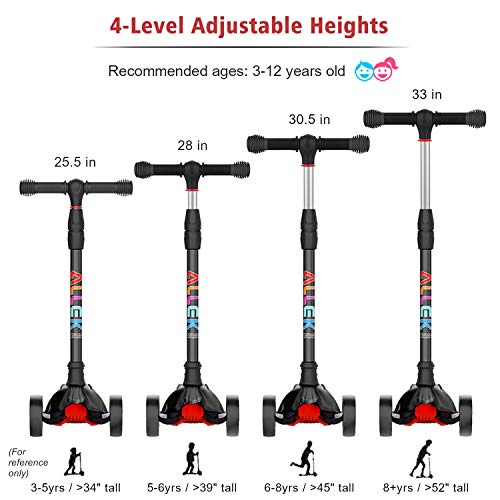 Allek Kick Scooter B02 for Kids - Lean 'N Glide with Light-Up Wide PU Wheels (Black, Adjustable Heights 3-12yrs)