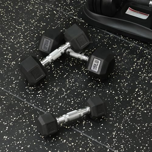 Black 60LB Signature Fitness Rubber Encased Hex Dumbbell Set with Rack