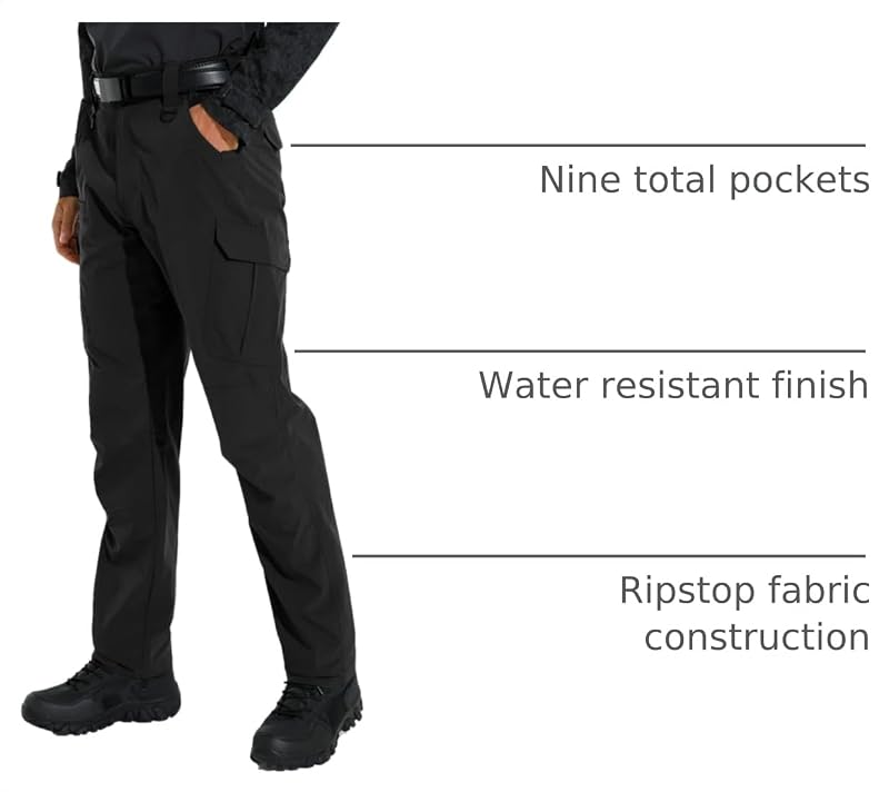 KFUBUO Men’s Lightweight Ripstop Cargo Pants - Water Resistant, 9-Pocket Relaxed Fit, Black 32W x 32L